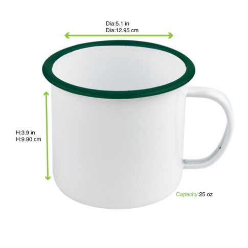 Mug Enamel blanc en acier émaillé à bord vert   H100mm 750ml