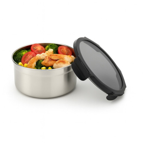 Boite ronde NoxBox en inox avec couvercle en plastique PP noir et fermeture hermétique  H80mm 900ml