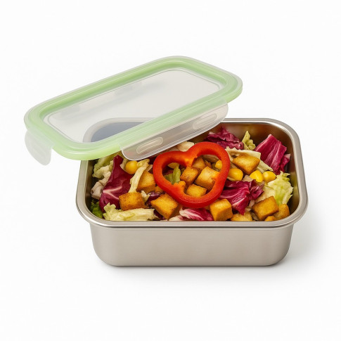 Boite repas rectangulaire NoxBox en inox avec couvercle en plastique PP  193x125mm H70mm 1000ml
