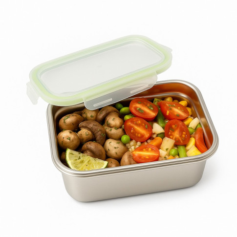 Boite repas rectangulaire NoxBox en inox avec couvercle en plastique PP  223x150mm H80mm 1 600ml