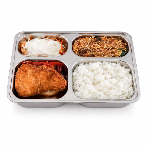 Plateau repas NoxTray en inox 4 compartiments avec couvercle en plastique PP  285x222mm H40mm