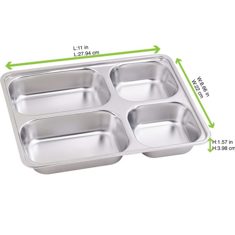 Plateau repas NoxTray en inox 4 compartiments avec couvercle en plastique PP  285x222mm H40mm
