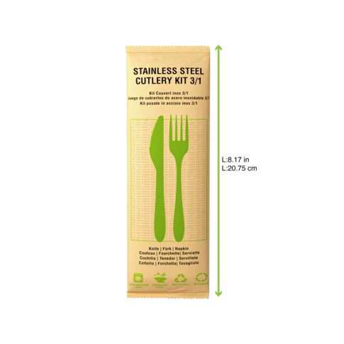 Kit couverts Noxcut en inox 3/1: couteau fourchette serviette, emballage papier 210x60mm H15mm