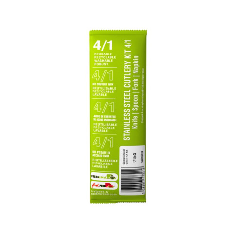 Kit couverts Noxcut en inox 4/1: couteau fourchette cuillère à soupe et serviette, emballage papier 230x60mm H25mm