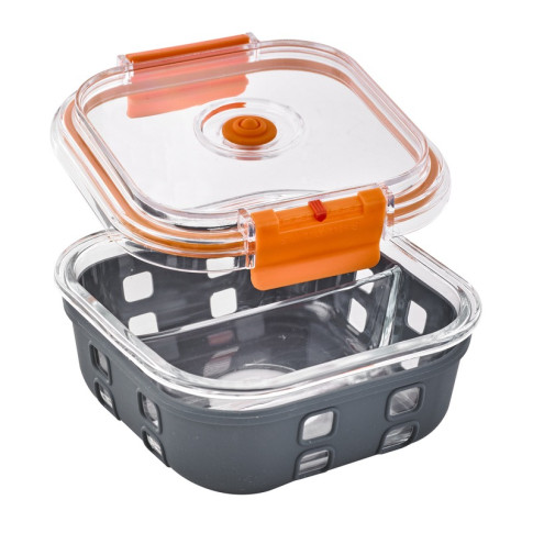 Bol carre borosilicate compartimentée+couv acrylique transp+protection silicone 152x152mm H60mm 770ml