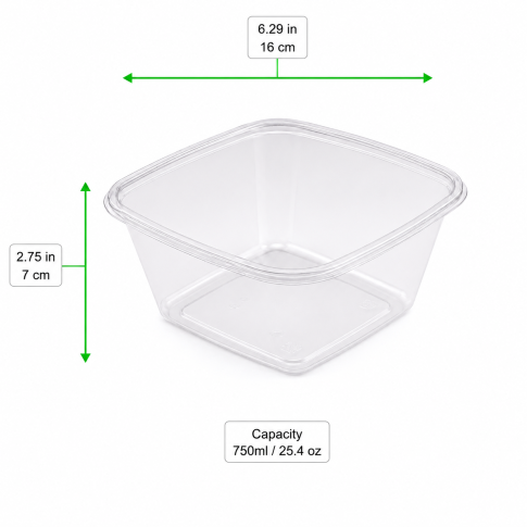 Saladier plastique PET carré transparent 160x160mm H70mm 750ml