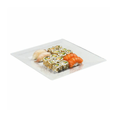 Assiette réemployable plastique PS carrée transparente  280x280mm H40mm