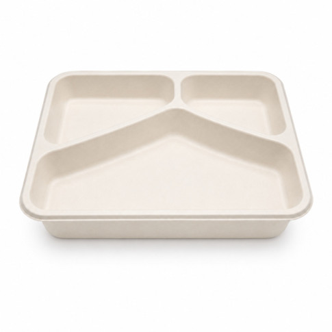 Barquette scellable blanche en pulpe de canne avec 3 compartiments 227x178mm H45mm 890ml
