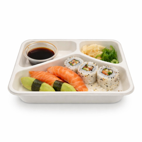 Barquette scellable blanche en pulpe de canne avec 3 compartiments 227x178mm H45mm 890ml