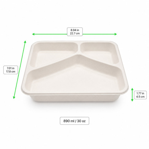 Barquette scellable blanche en pulpe de canne avec 3 compartiments 227x178mm H45mm 890ml