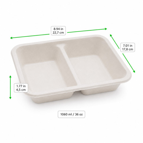 Barquette scellable blanche en pulpe de canne avec 2 compartiments 227x178mm H45mm 1060ml