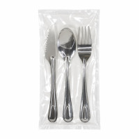 Kit couverts Noxcut en inox 4/1: couteau fourchette cuillère à soupe et serviette, emballage papier 230x60mm H25mm