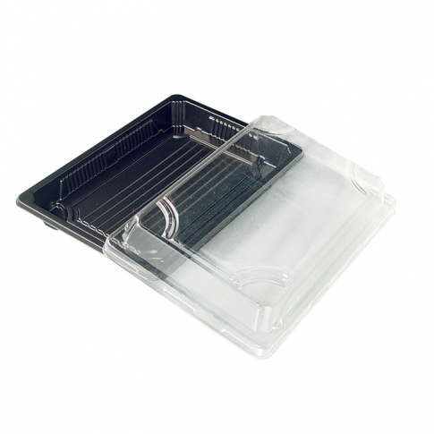 Barquette sushi plastique PS noir avec couvercle PET transparent 300ml 188x135mm H37mm