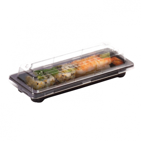 Barquette sushi plastique PS noir avec couvercle PET transparent Suky