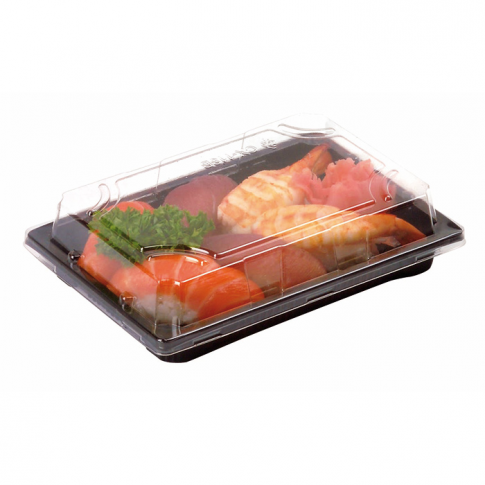 Barquette sushi plastique PS noir avec couvercle PET transparent  178x122mm
