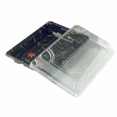 Barquette sushi plastique PS décoré avec couvercle transparent  165x114mm H37mm