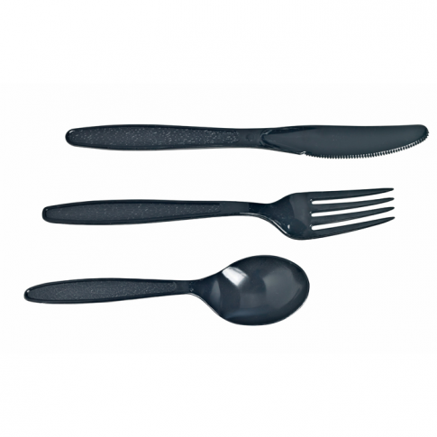 Kit couvert plastique PS noir Majesty 4 en 1: couteau fourchette cuillère  serviette