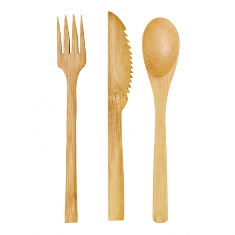 Kit couverts bambou 3/1: couteau fourchette petite cuillère, emballage transparent