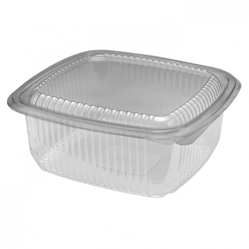 Barquette plastique PET carrée transparente avec couvercle attaché