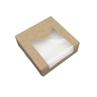Boîte pâtissière carton brun avec couvercle attaché à fenêtre PLA 12 x 12 x 5 cm