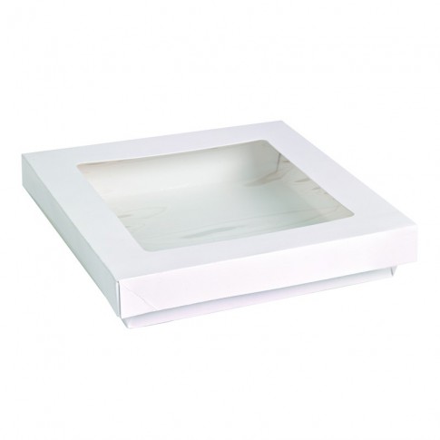 Boite "Kray" carrée carton blanc avec couvercle à fenêtre en PLA  155x155mm H50mm 900ml