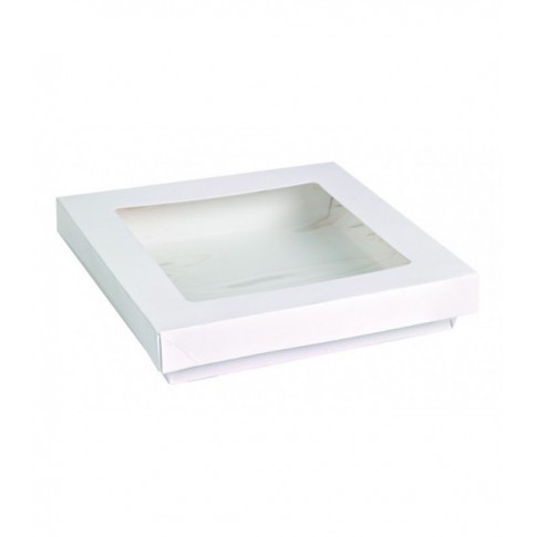Boite "Kray" carrée carton blanc avec couvercle à fenêtre  205x205mm H40mm 1450ml