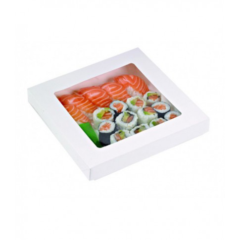 Boite "Kray" carrée carton blanc avec couvercle à fenêtre  205x205mm H40mm 1450ml