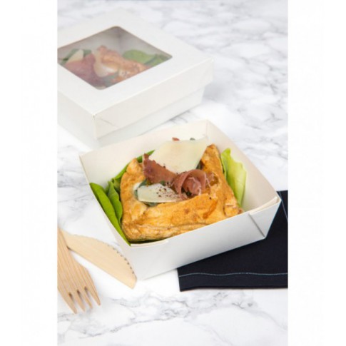 Boite "Kray" carrée carton blanc avec couvercle à fenêtre  205x205mm H40mm 1450ml