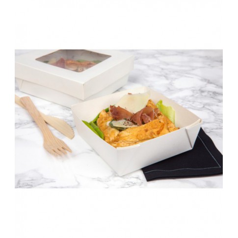 Boite "Kray" carrée carton blanc avec couvercle à fenêtre  205x205mm H40mm 1450ml