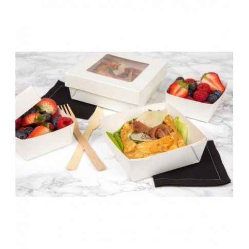 Boite "Kray" carrée carton blanc avec couvercle à fenêtre  205x205mm H40mm 1450ml