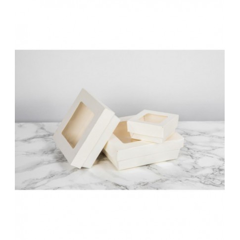 Boite "Kray" carrée carton blanc avec couvercle à fenêtre  205x205mm H40mm 1450ml