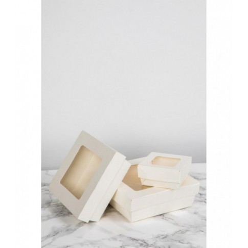 Boite "Kray" carrée carton blanc avec couvercle à fenêtre  205x205mm H40mm 1450ml