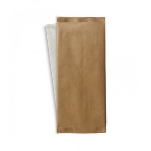 Pochette papier beige pour couverts avec serviette blanche  110x250mm