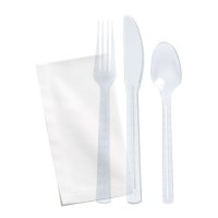Kit couvert plastique PS transparent 6 en 1: couteau fourchette cuillère serviette sel poivre