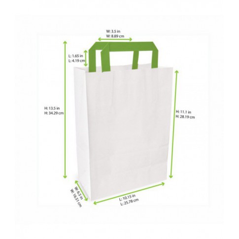 Sac cabas papier blanc recyclé anses vertes  260x170mm H280mm