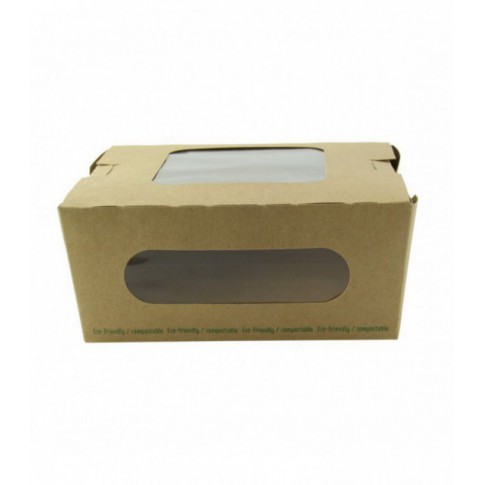 Boite salade carton kraft brun à double fenêtre PLA  152x135mm H65mm 1100ml