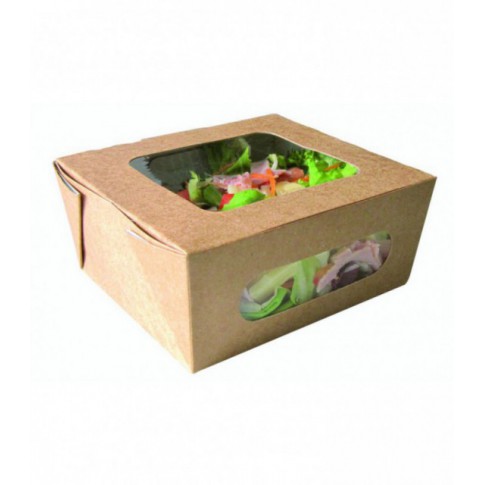 Boite salade carton kraft brun à double fenêtre PLA  152x135mm H65mm 1100ml