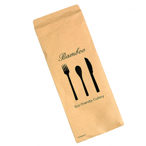 Kit couverts bambou "Anji" 4/1: couteau fourchette cuillère serviette, emballage kraft  H170mm