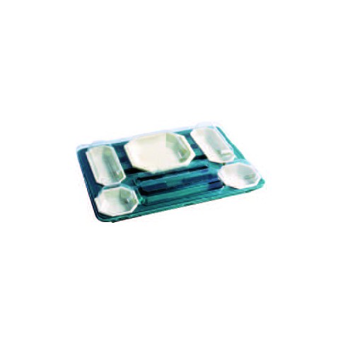 Plateau repas en plastique vert à un couvercle transparent à 7 compartiments et 5 éléments octogon 440x325mm H50mm