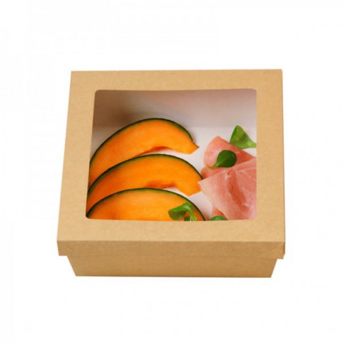 Boîte "Kray" carrée carton brun avec couvercle à fenêtre 200x200mm H80mm 3500ml