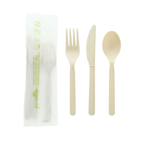 Kit mini couvert plastique PS blanc 3 en 1: fourchette couteau, serviette