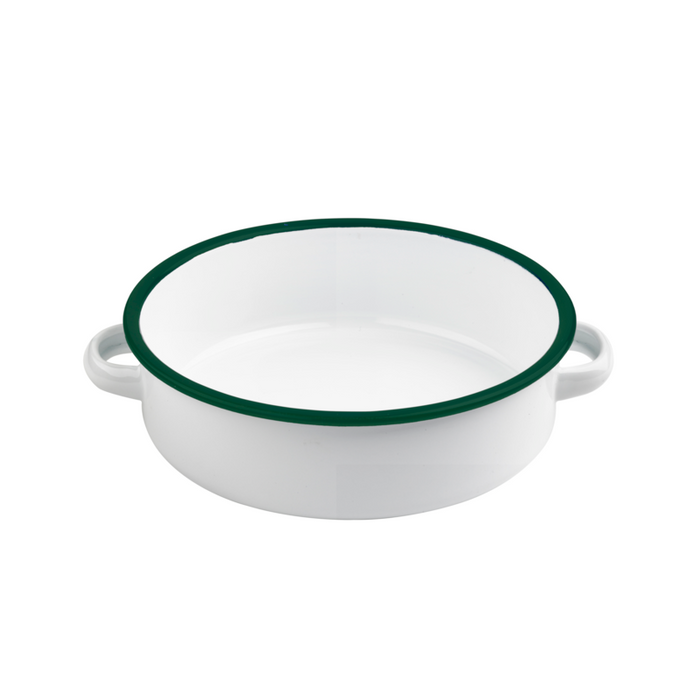 Plat rond avec anses blanc en acier émaillé à bord vert H50mm 1000ml