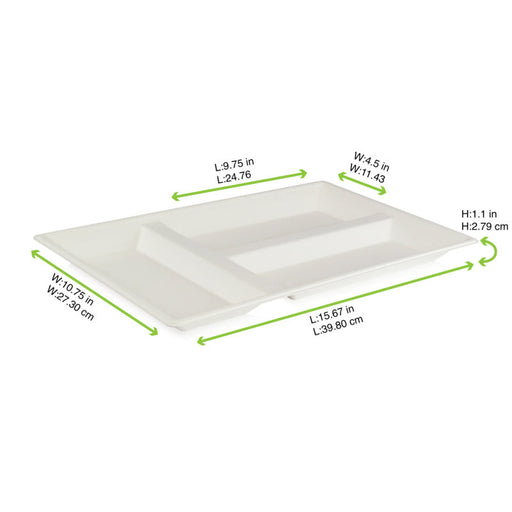 Plateau rectangulaire blanc 3 compartiments en pulpe 400x280mm