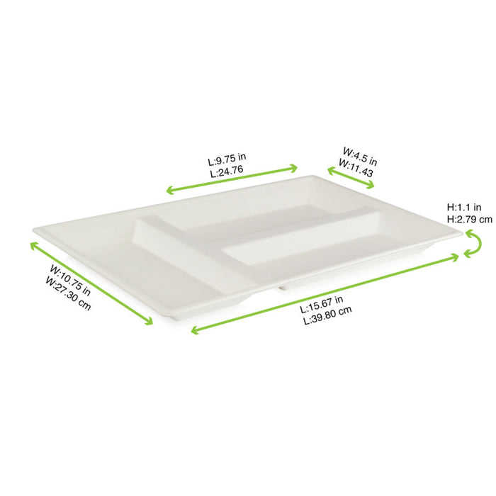 Plateau rectangulaire blanc 3 compartiments en pulpe 400x280mm