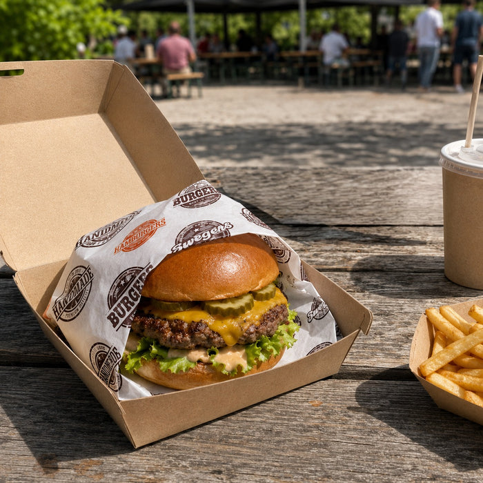 Papier blanc avec décor burger en Boite distributrice 350x270mm