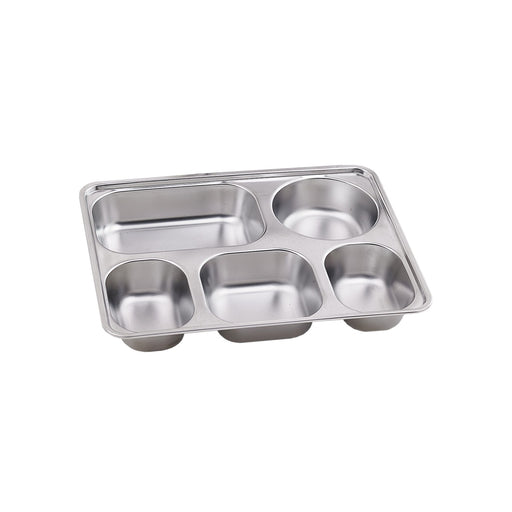Plateau repas NoxTray en inox 5 compartiments avec couvercle en plastique PP 280x220mm H40mm