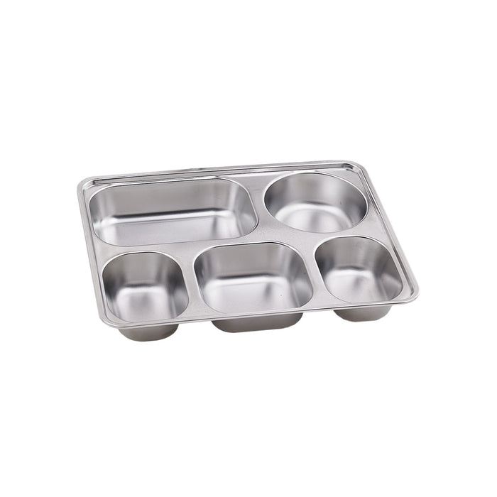 Plateau repas NoxTray en inox 5 compartiments avec couvercle en plastique PP 280x220mm H40mm