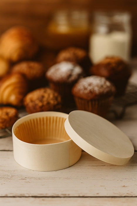 Boîte ronde en bois avec papier ingraissable pour cuisson au four H50mm