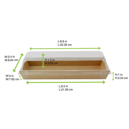 Barquette sushi en carton kraft brun avec couvercle transparent en plastique PET 209x78mm H25mm