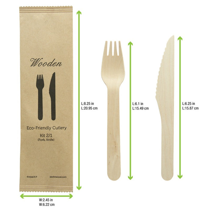 Kit couverts bois 2 / 1: couteau fourchette, emballage kraft H165mm